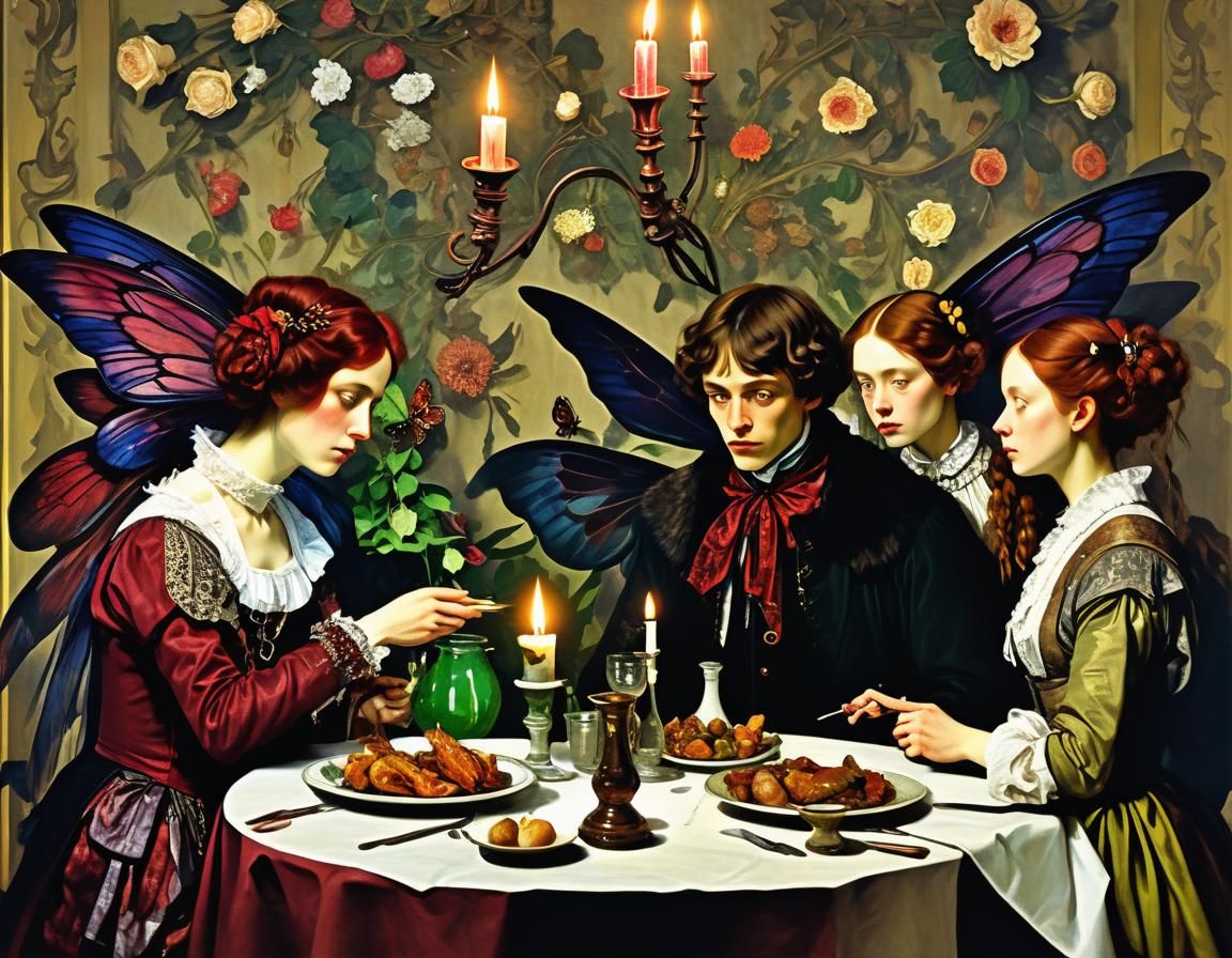 ""(male female, burgundy candlelight dinner,  its insect-wings, while they sat in the baroque flower stillifes)"" By Apollinari Mikhailovich...