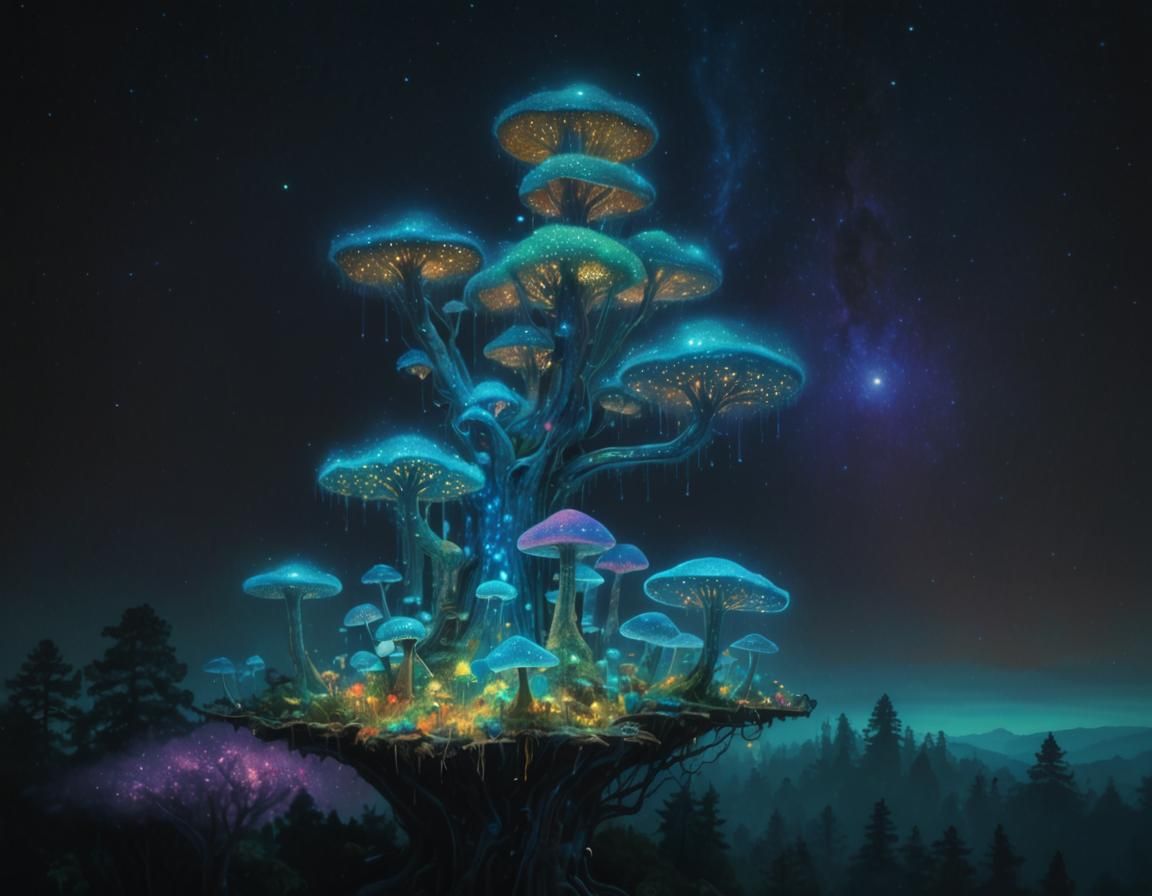 storybook illustration, hyper detailed colorful magical watercolor art of a castle over mountain forest with huge trees and flowers in a col...