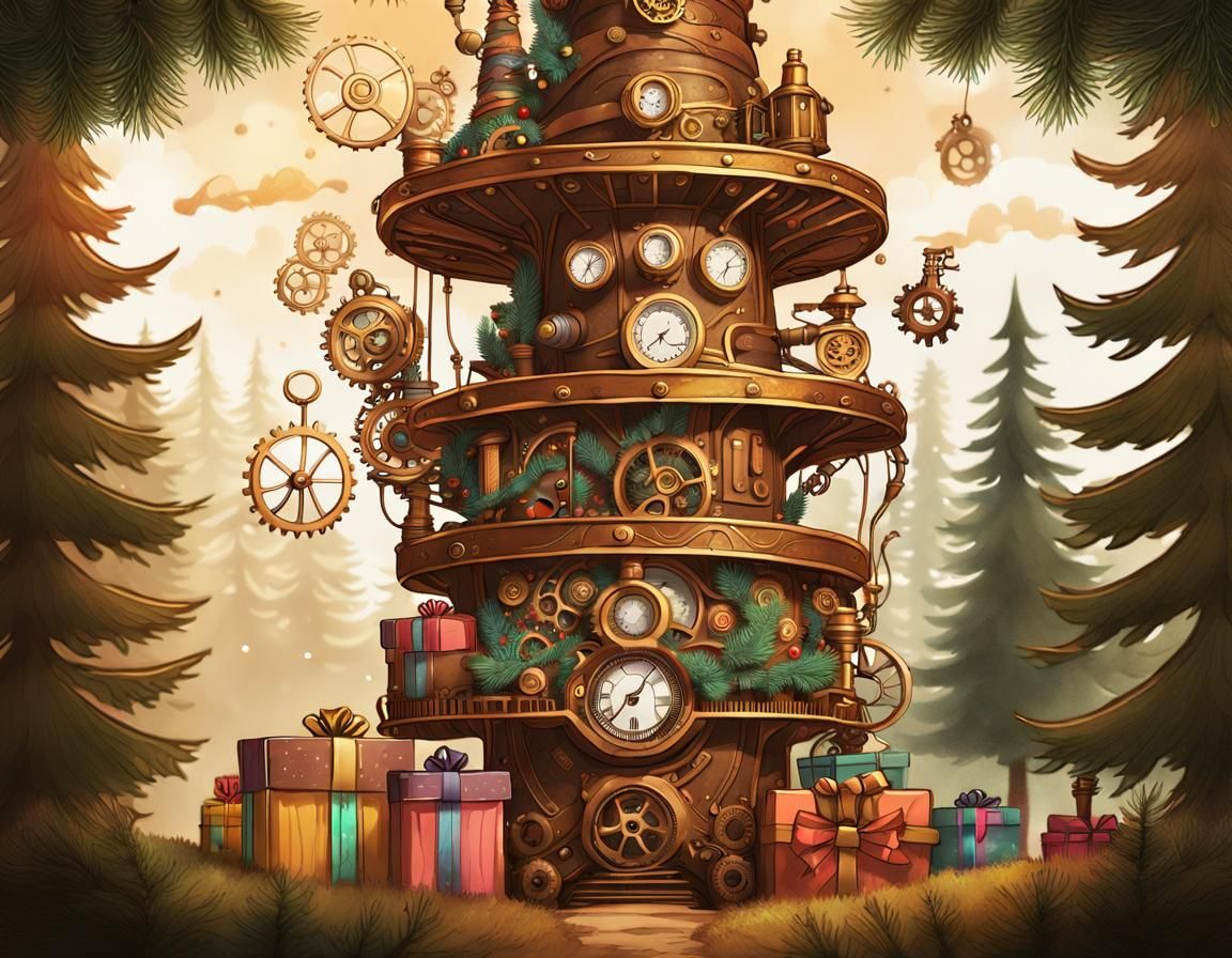 Steampunk Spruce Tree Illustration with Gears and Gifts