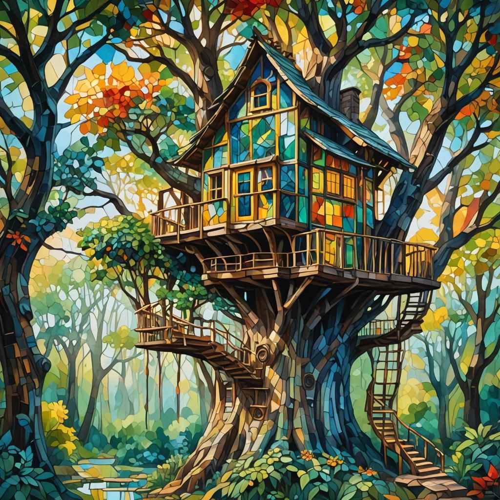 An unusual treehouse made of stained glass  by @Glasswalker33