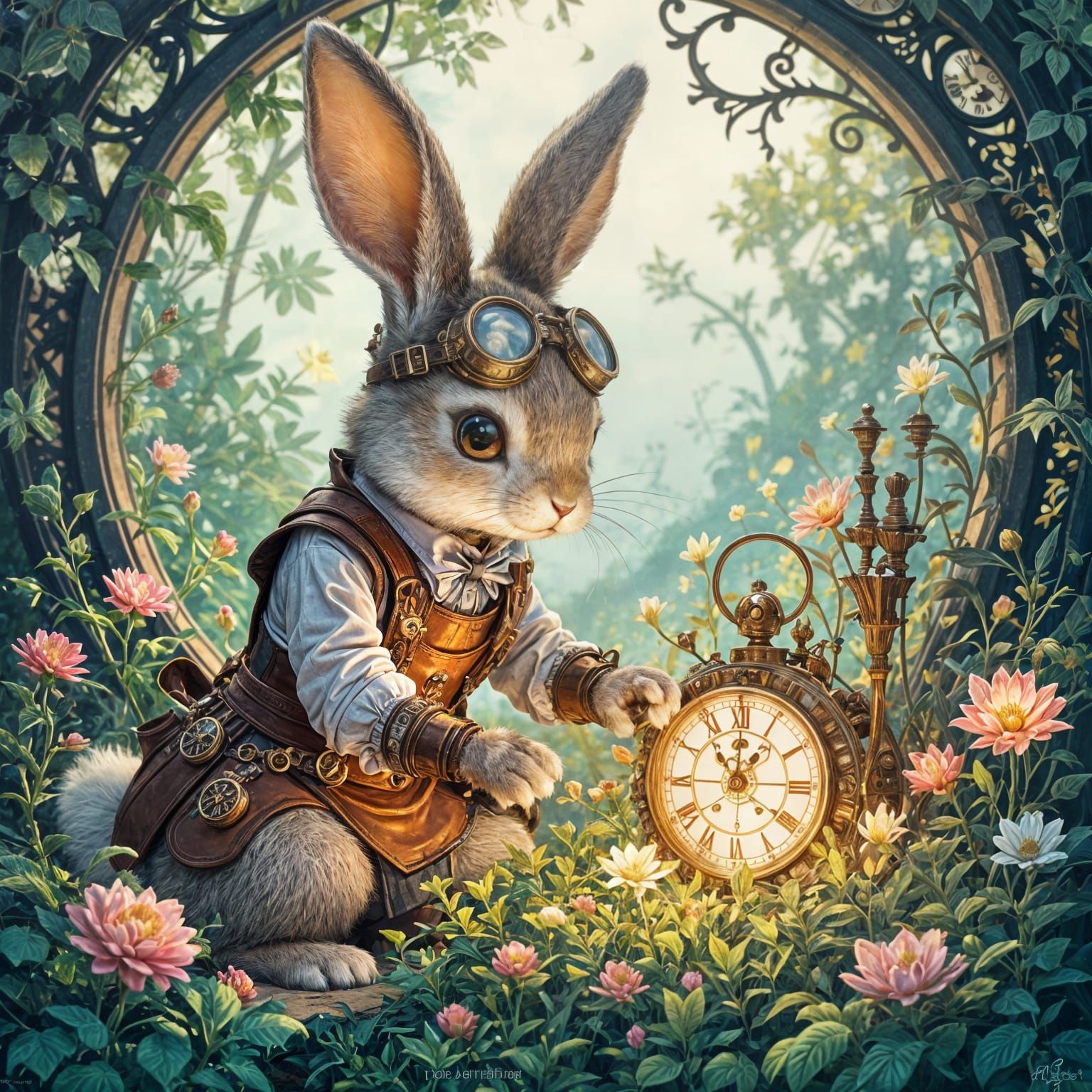 An anthropomorphic rabbit meticulously tending to a delicate, magically infused clockwork garden. The rabbit wears a finely tailored steampu...