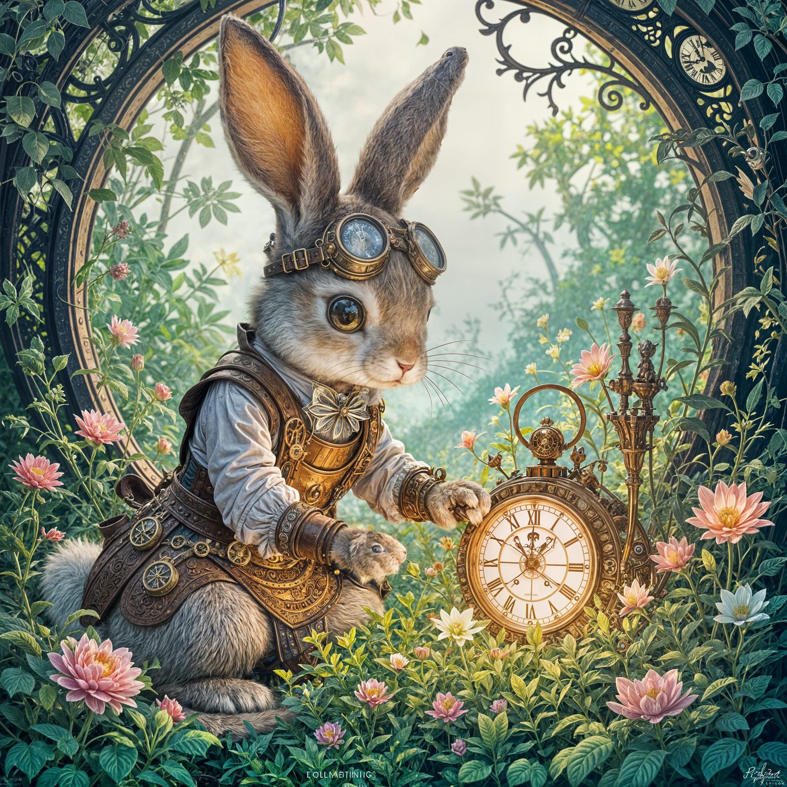 An anthropomorphic rabbit meticulously tending to a delicate, magically infused clockwork garden. The ...  by @H