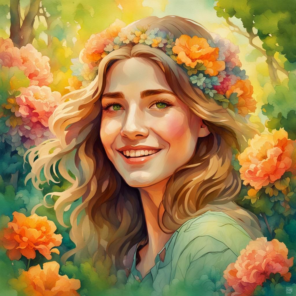 A cute young woman with a bright smile, surrounded by flower...
