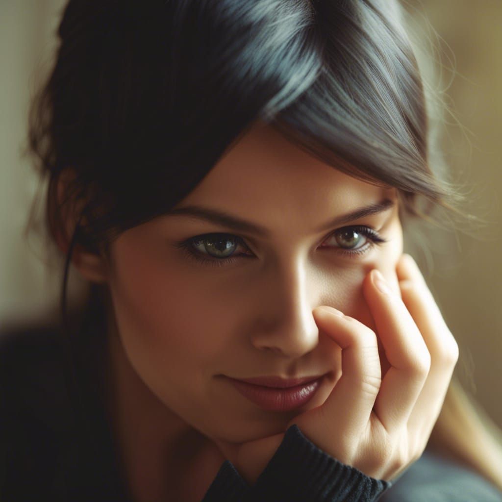 beautiful woman over 30, hold hand on face, natural lighting...
