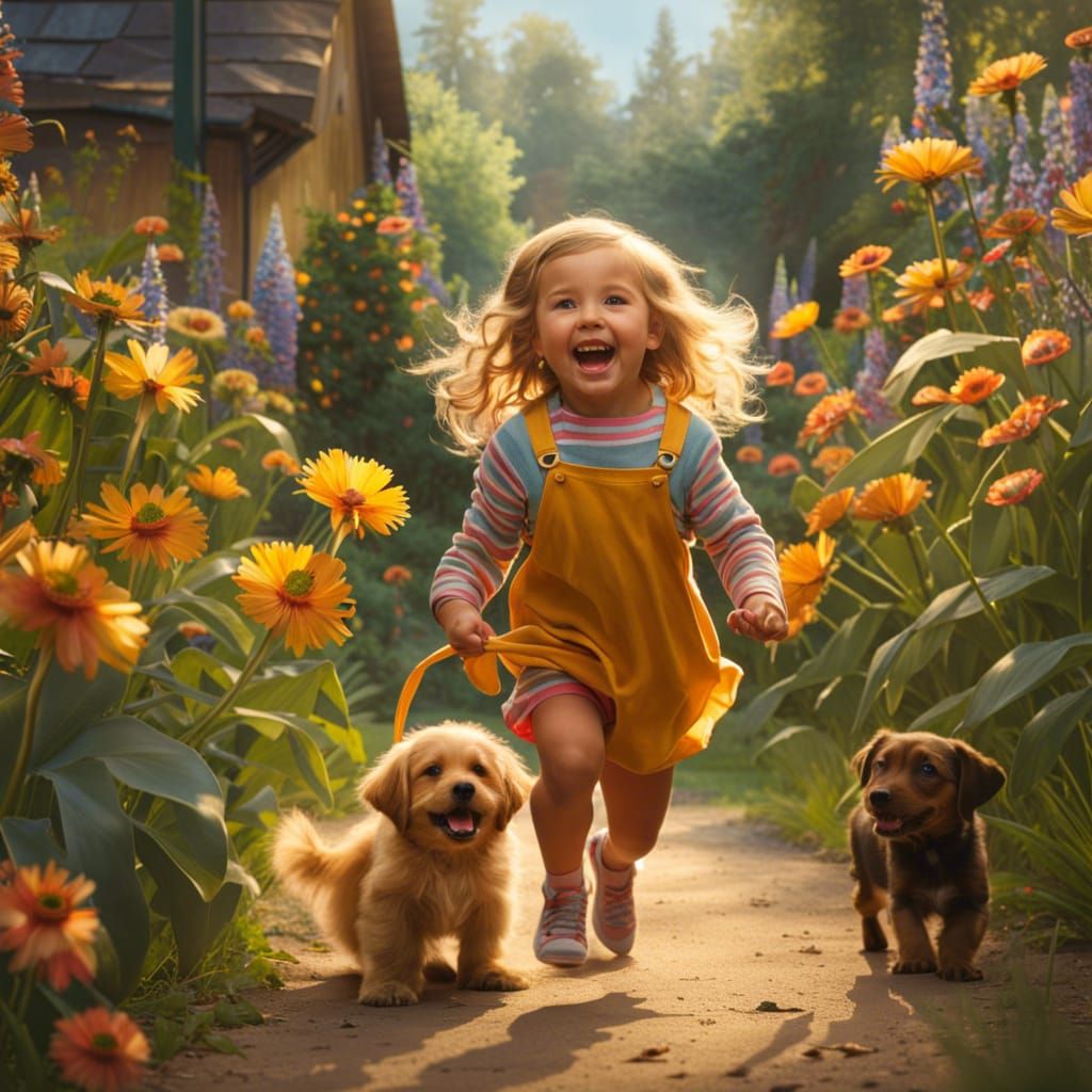 Joyful girl and puppies in the back garden  by @Dracamy