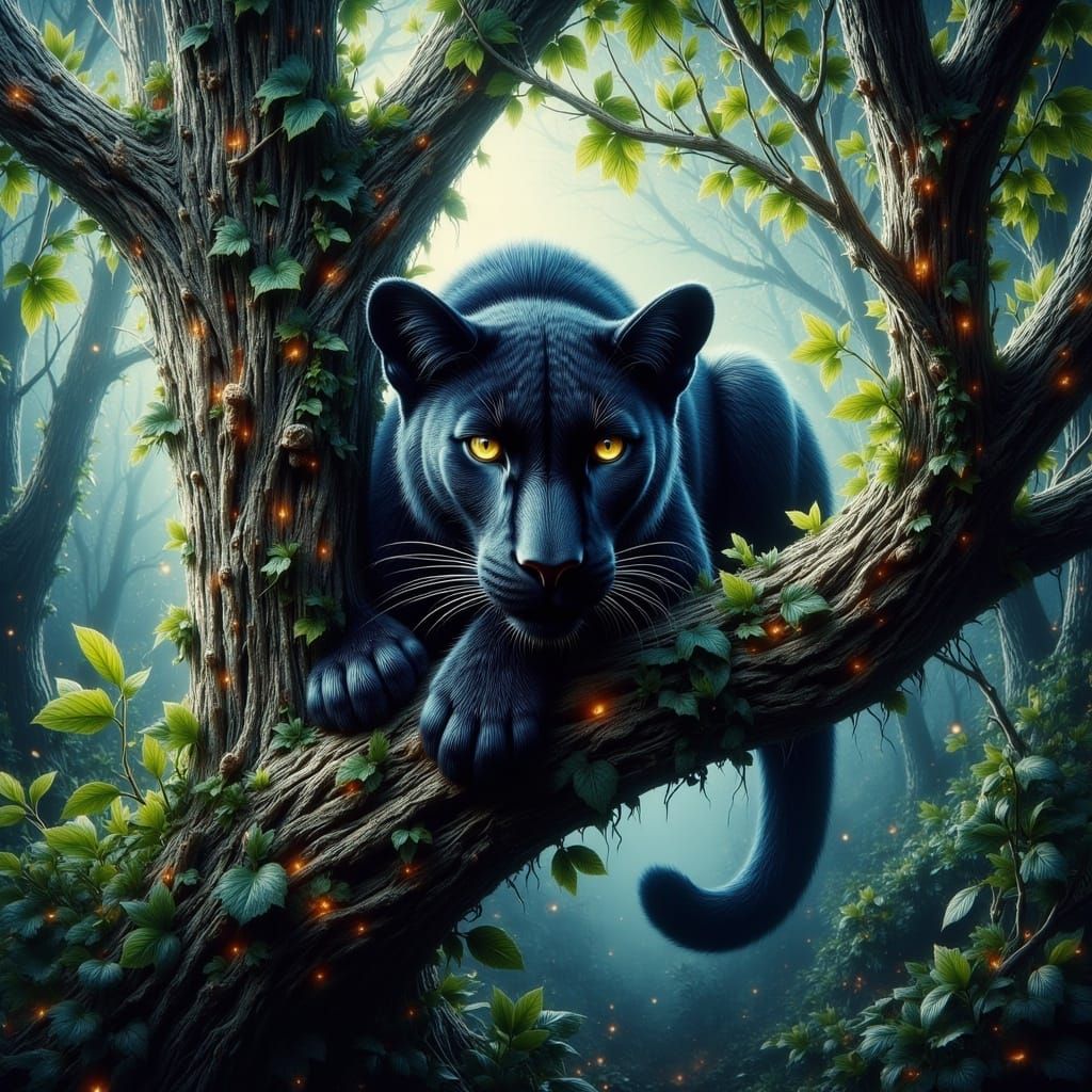 <lora:-Omnious-:1.0> Black panther laying on a branch high in a tree. Make it look like an impasto oil painting.