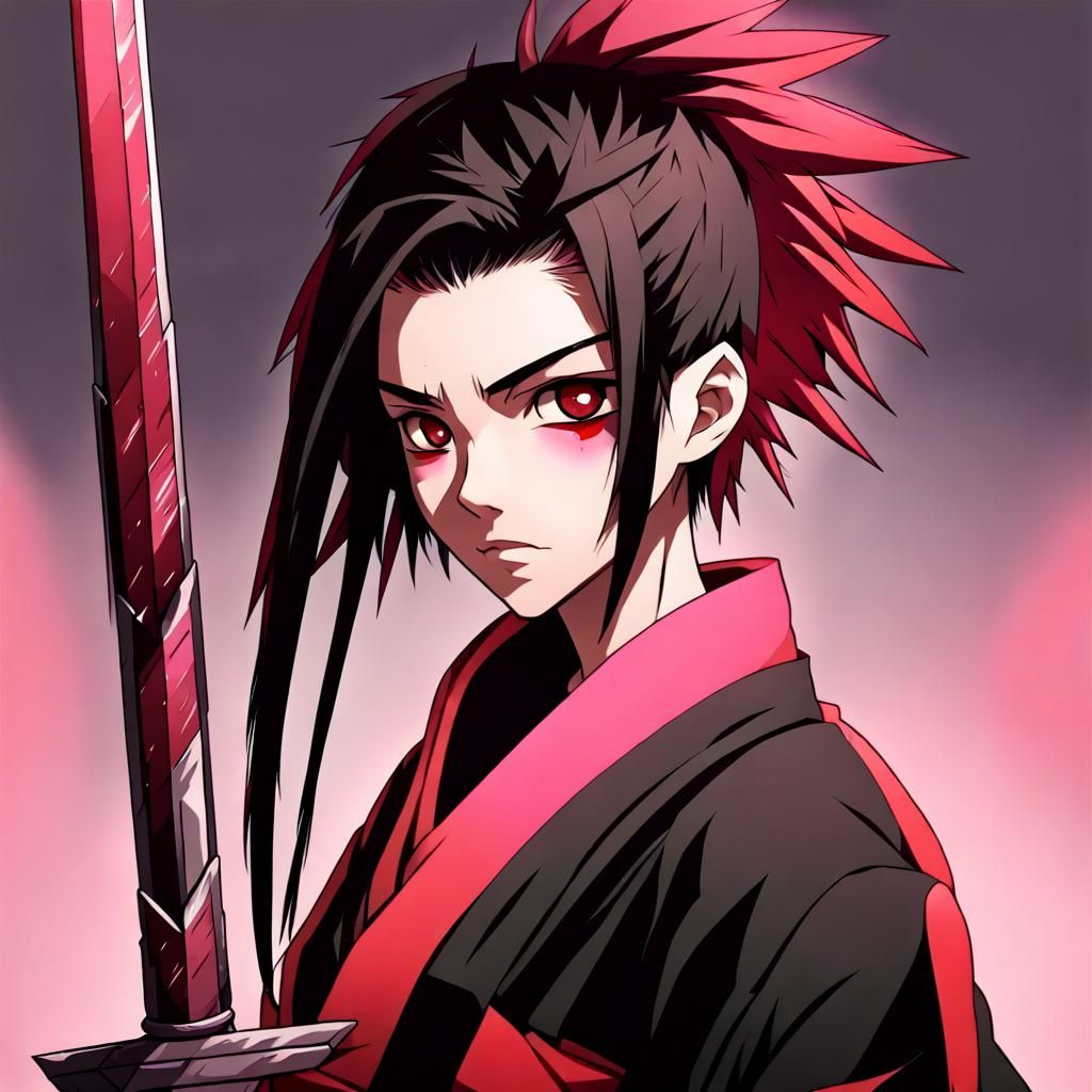 girl with Red and black sideswept spiky hair, red and pink e...