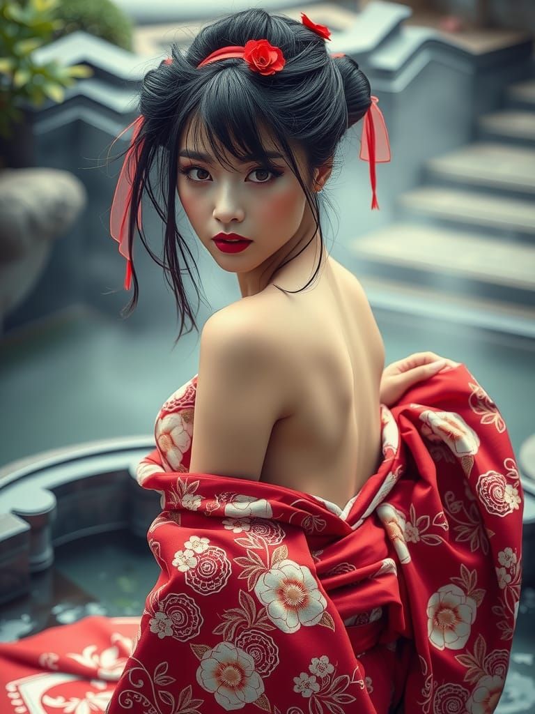 Ethereal Geisha Unveiling near Misty Spring