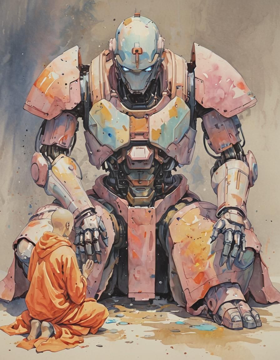 vivid pastel watercolor concept art painting, anime mech, giant robot monk praying, small human figure ...  by @Nekoyoubi