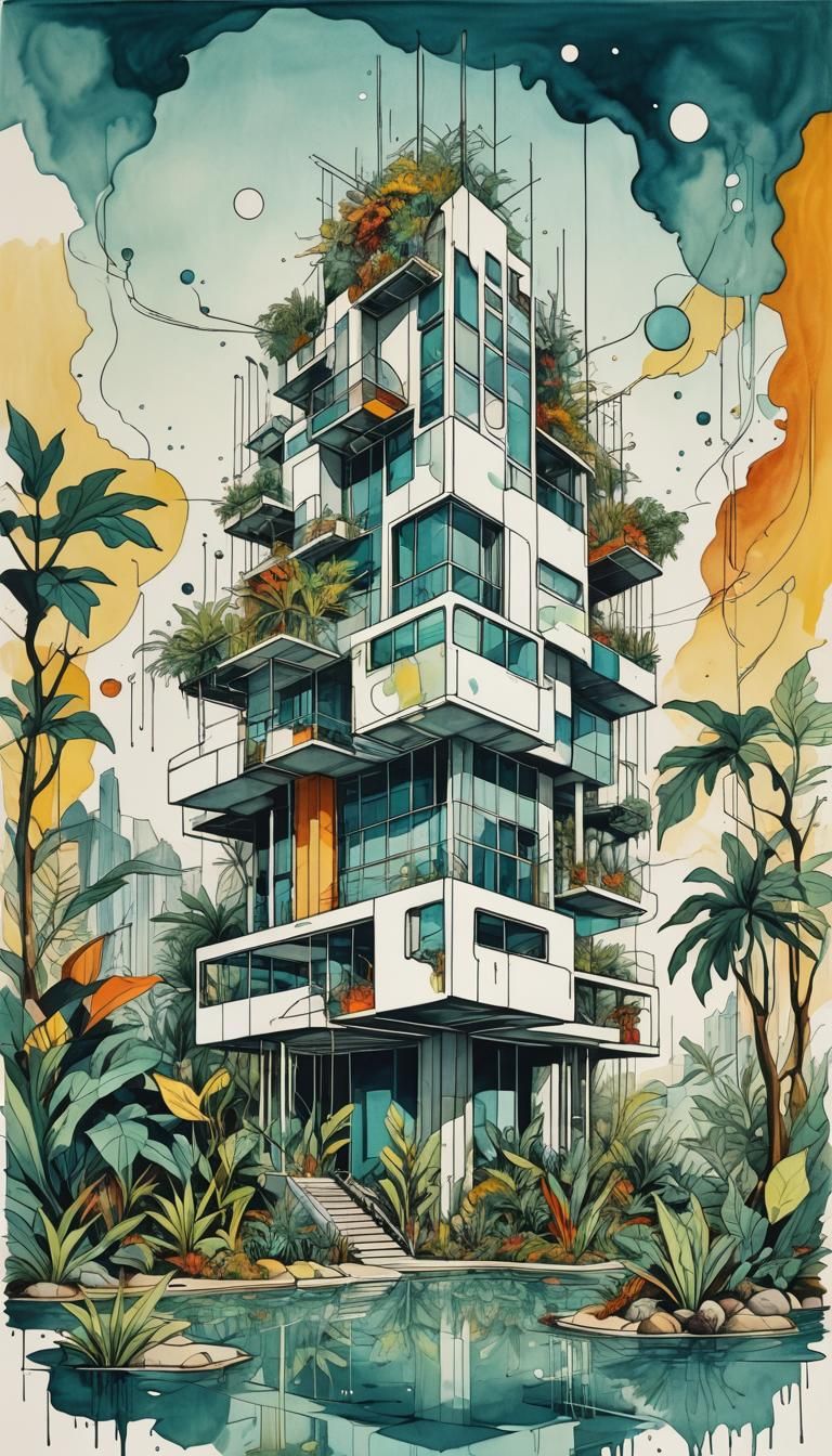 Modern minimalist line art architecture drawing merged with detailed botanical illustrations, single ...  by @P Momma