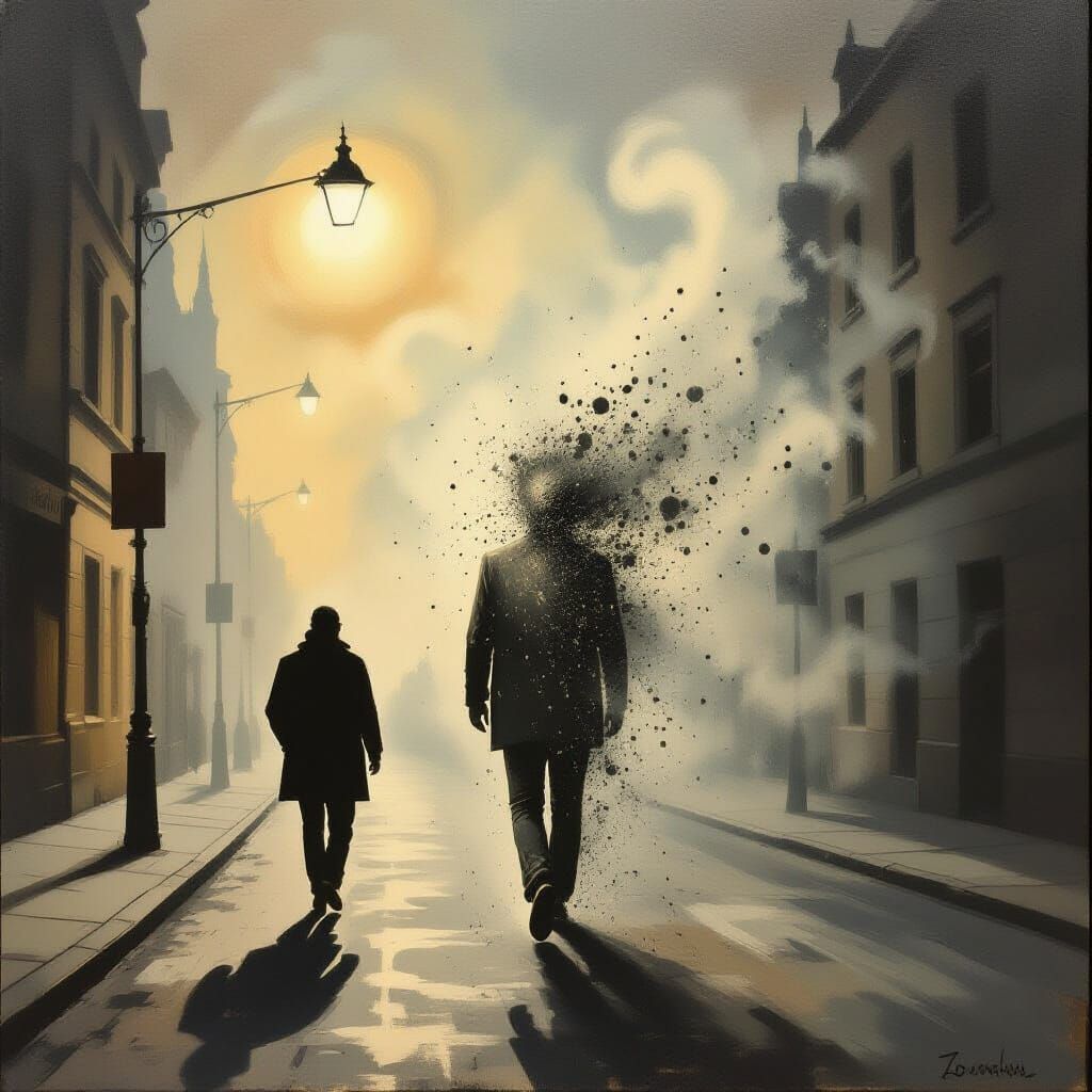 Surrealist Oil Painting of Person Crumbling into Dust