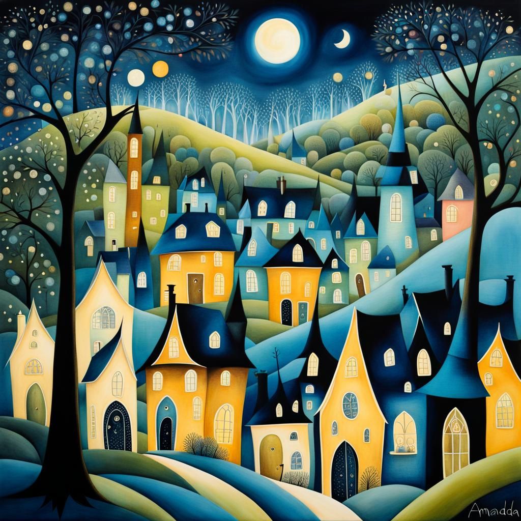 enchanted whimsical wonky quaint abstract fantasy night vill...