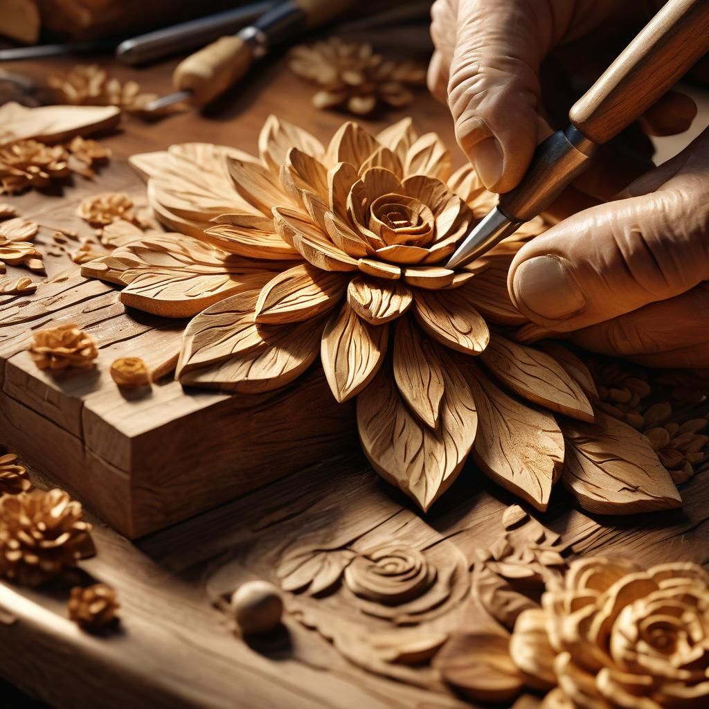 A woodcarver's hands carving with a chisel on a piece of wood, a wooden flowers is appearing as he carves ...  by @Murray