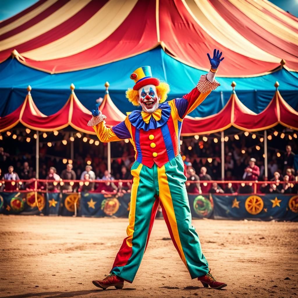 A funny colorful clown dancing in front of a big top circus. intricate details, HDR, beautifully shot, hyperrealistic, sharp focus, 64 megap...