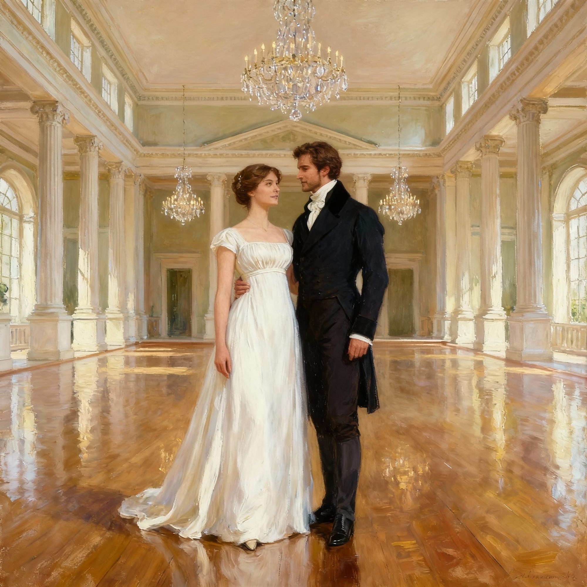 a regency couple in a palladian ballroom