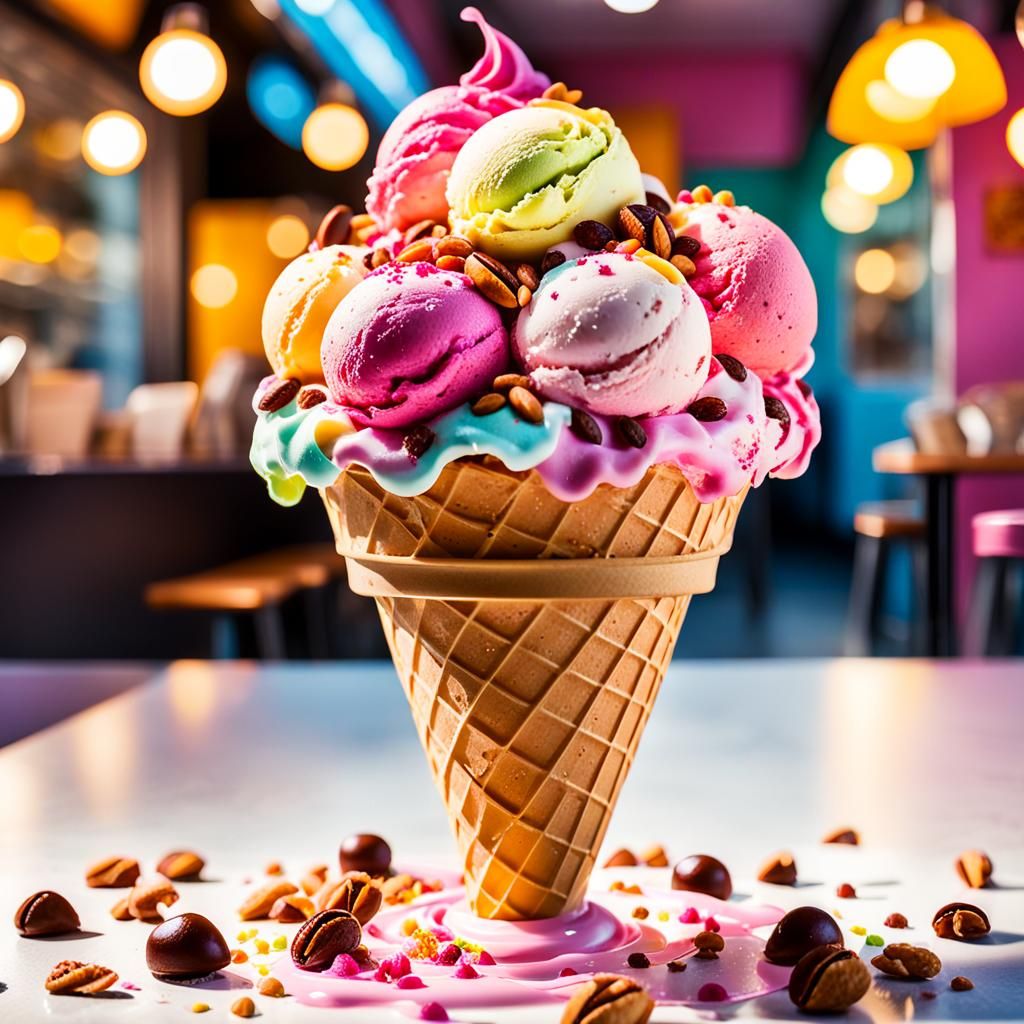 a delicous looking ice cream  sundae in a cone siting on a t...