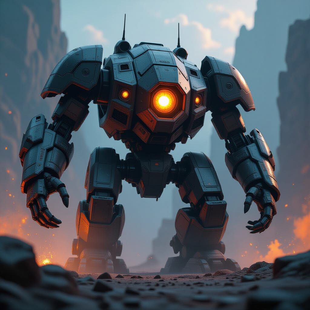 Giant battle bot, orange glowing eye and armor core,
ready for battle.