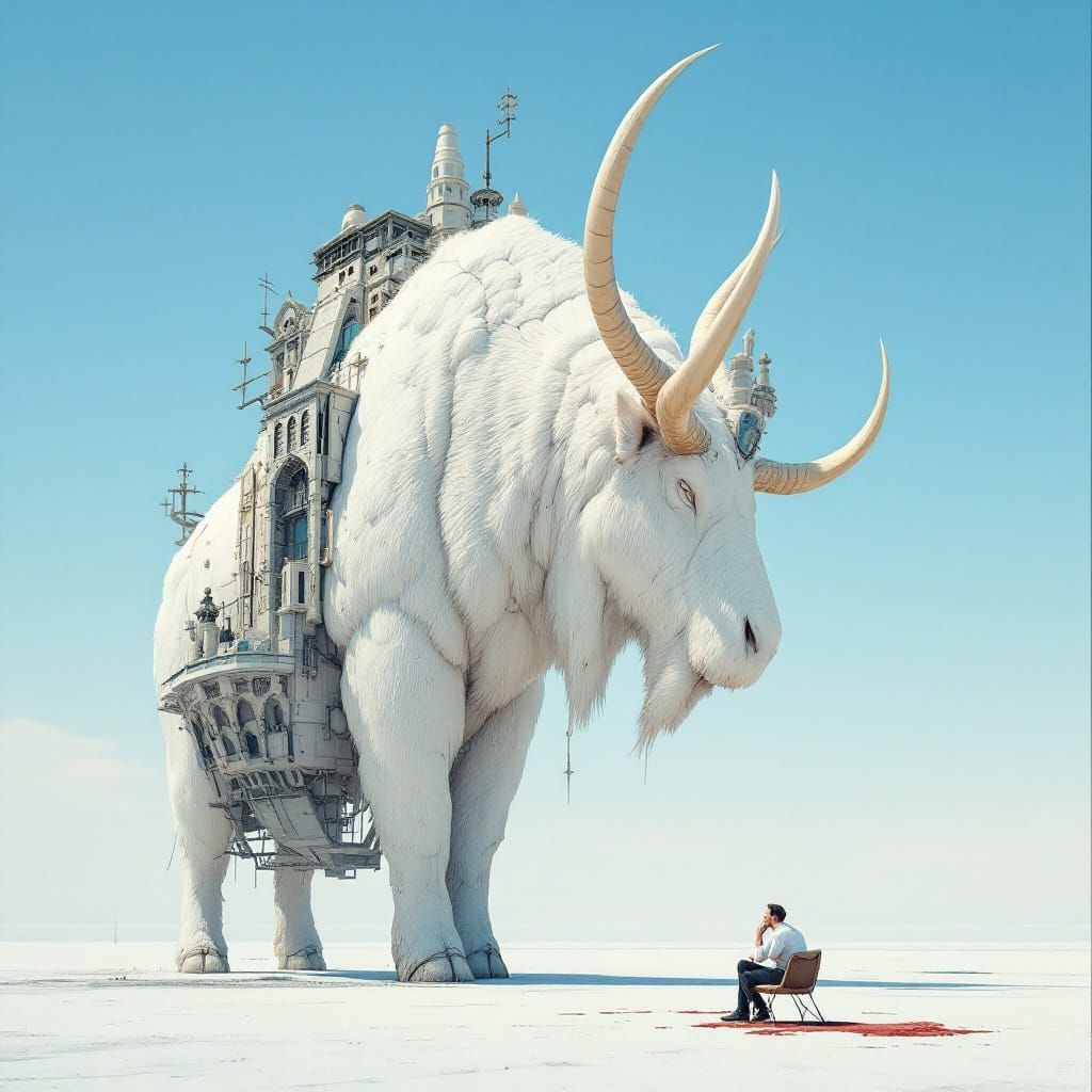 A man is sitting on a chair, gazing at an enormous white animal with gigantic antlers and horns. The ...  by @morr5750