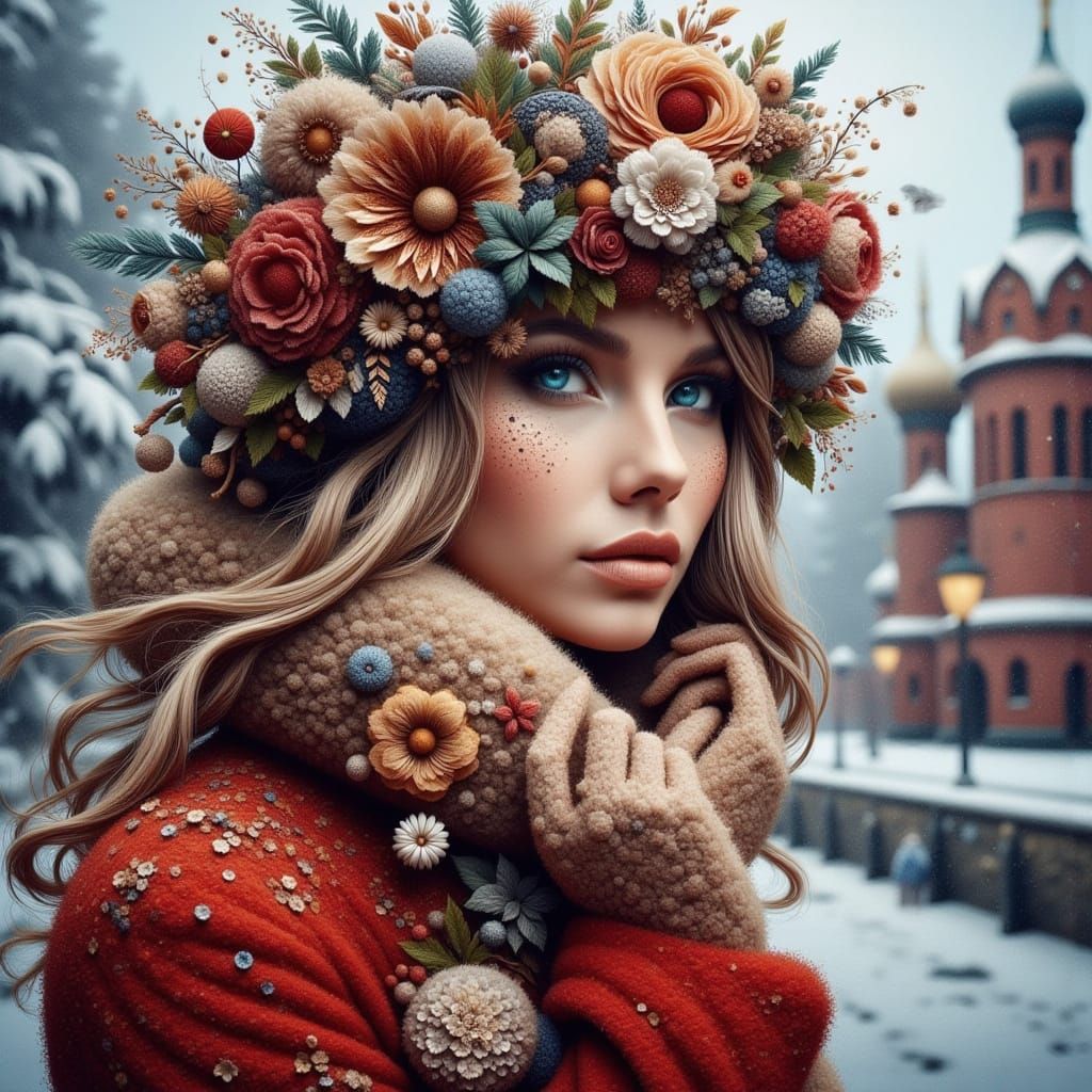 Elegant Russian Woman in Floral Mink Hat