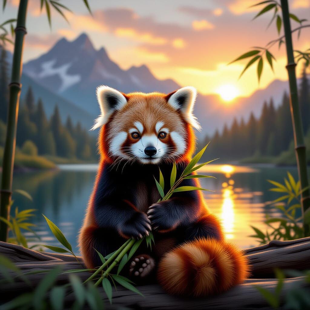 Prompt:
A red panda sitting peacefully with bamboo in its paws, in a forest at sunset. Majestic mountains ...  by @Hani1