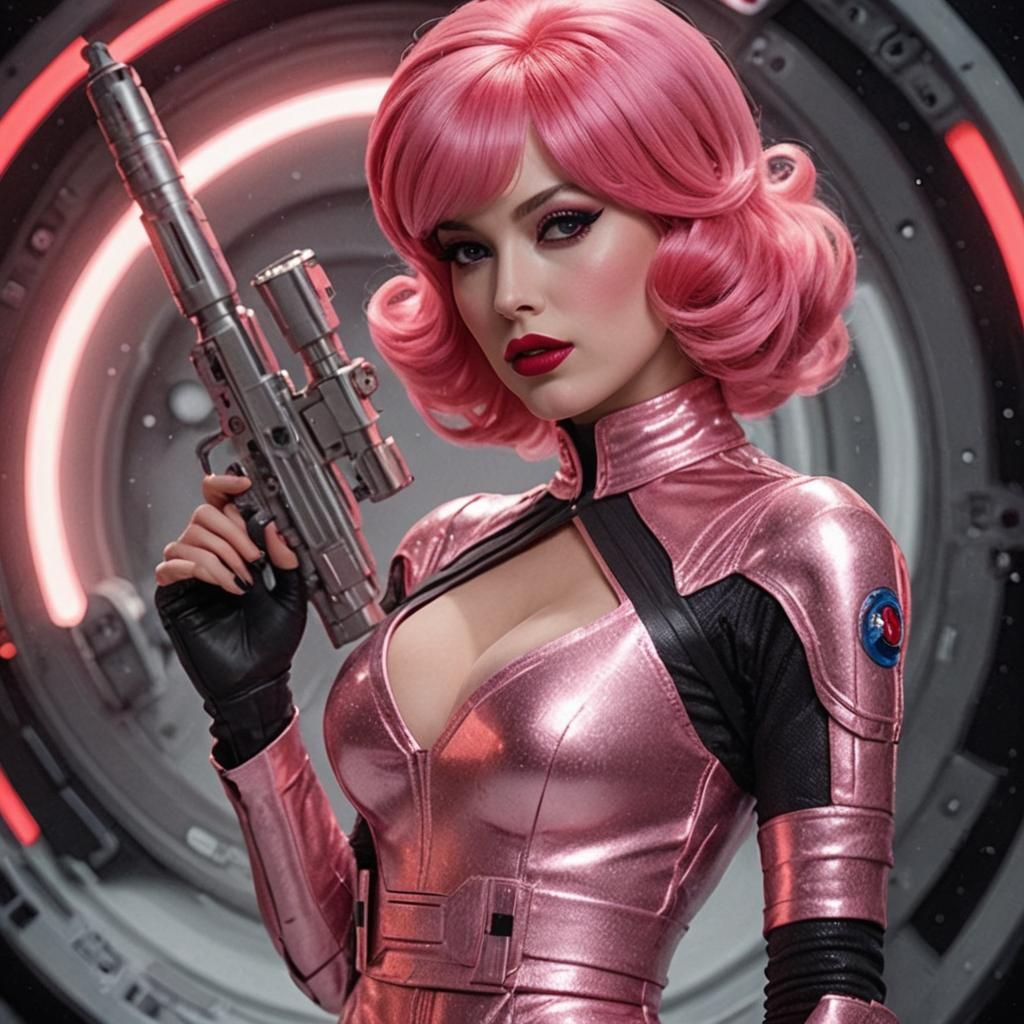 Woman dressed as space soldier, long pink 1960’s hairstyle, ...