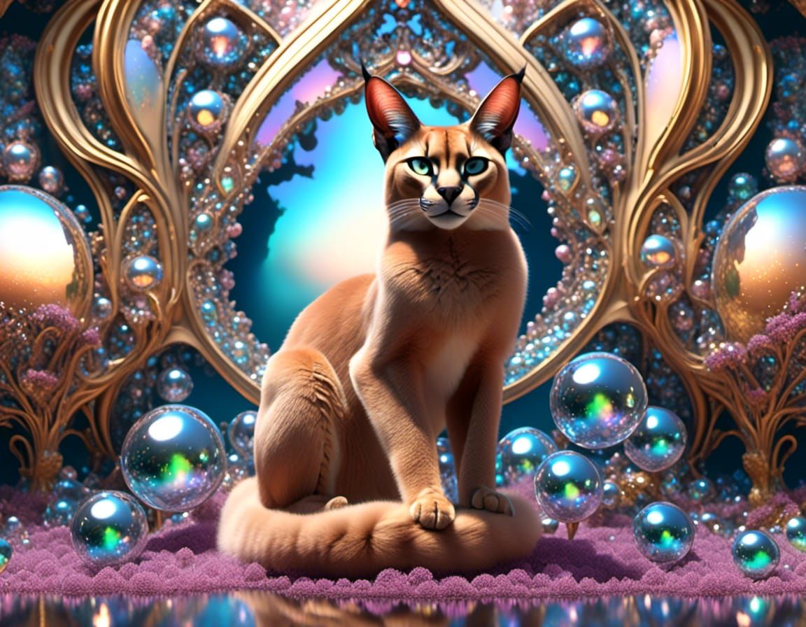 Caracal, Cliff, Glass, Rococo, Cosmic, Infinity, Iridescent <lora:Bubblescape:1.0> 