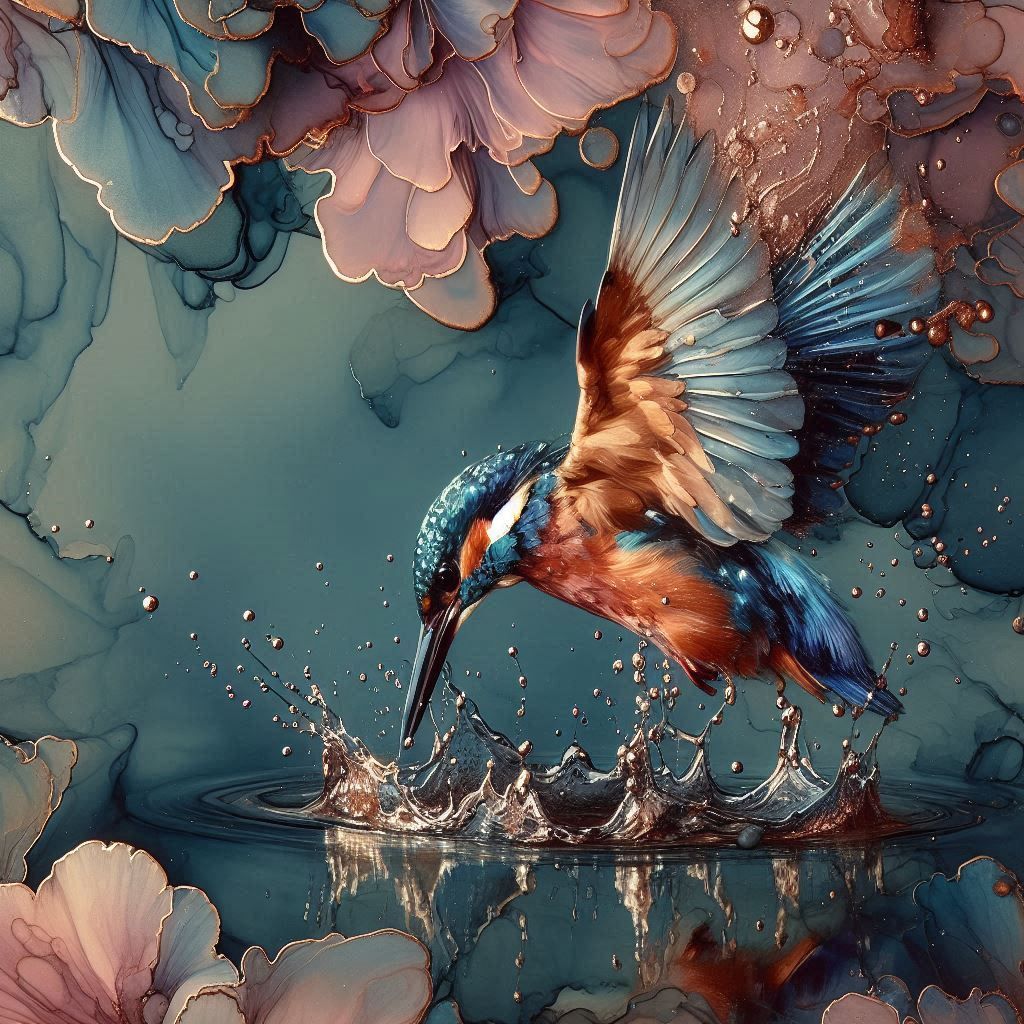 Diving kingfisher, alcohol ink