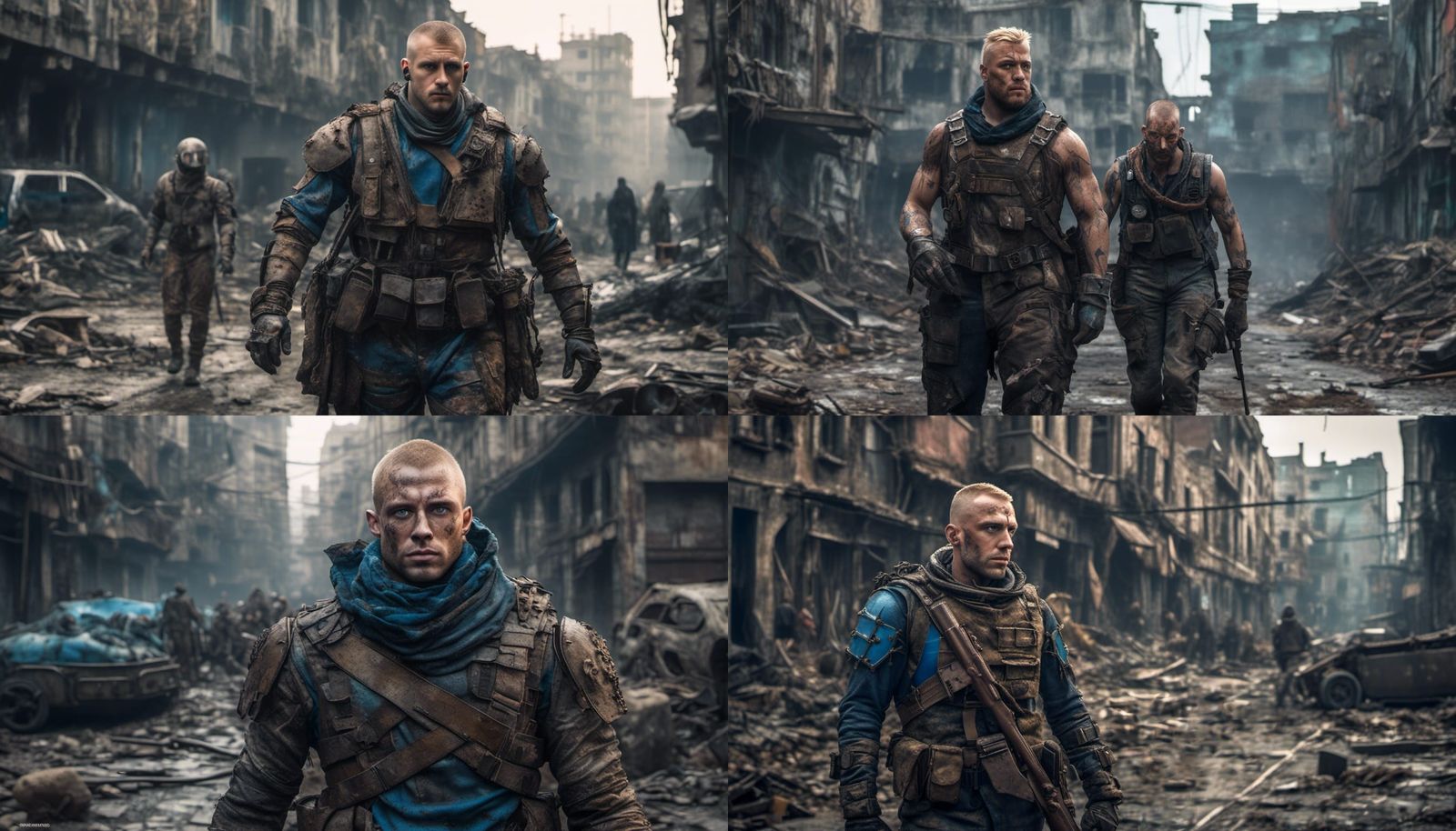 <lora:Double Post-Apo v2:1.0> Handsome soldier, blonde buzzc...