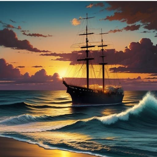 Majestic Sunset Over Calm Ocean as Oil Painting