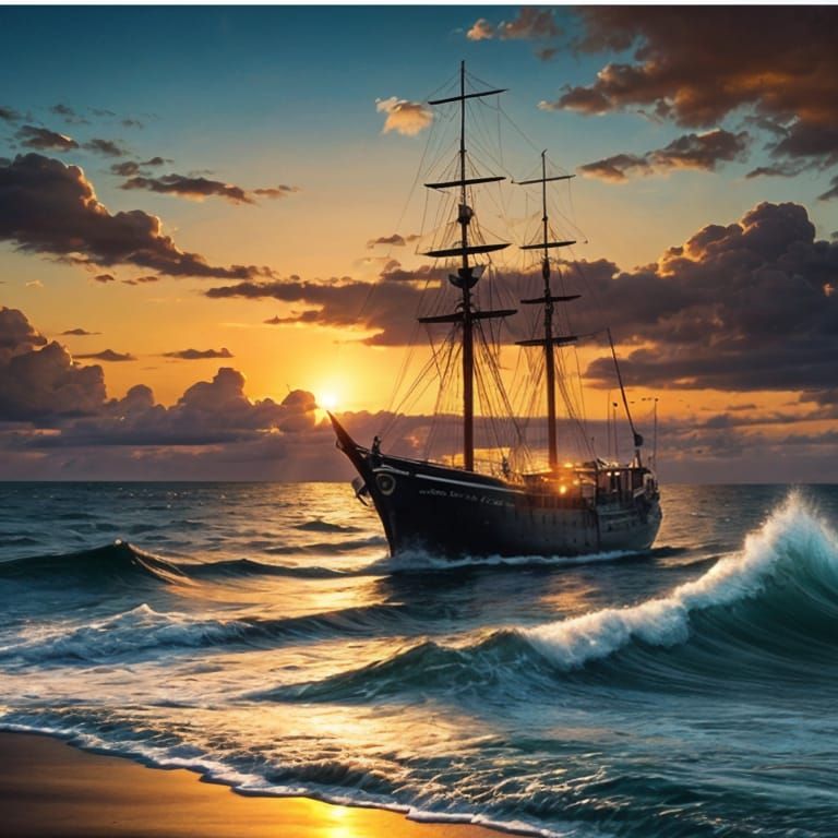 Majestic Sunset Over Calm Ocean as Oil Painting