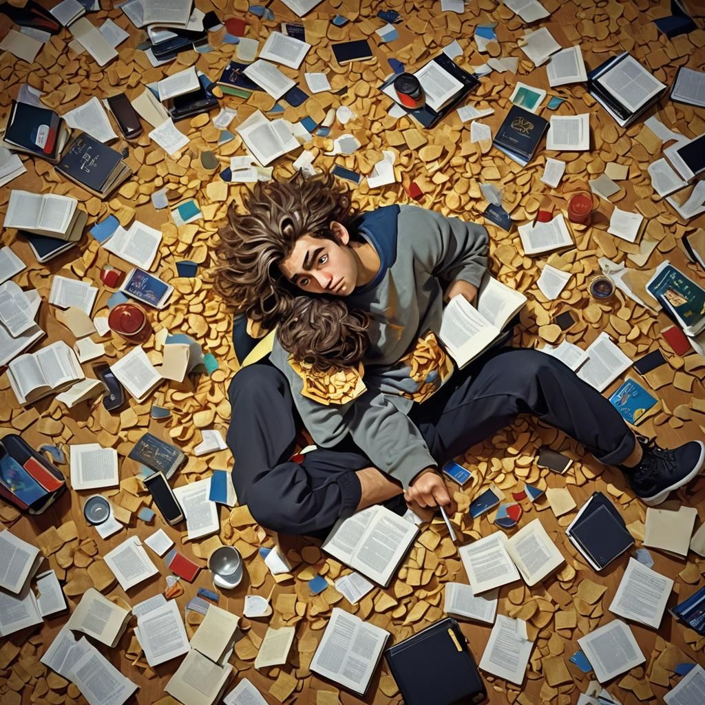 Hyperrealistic Student Burnout: Finals Study Frenzy