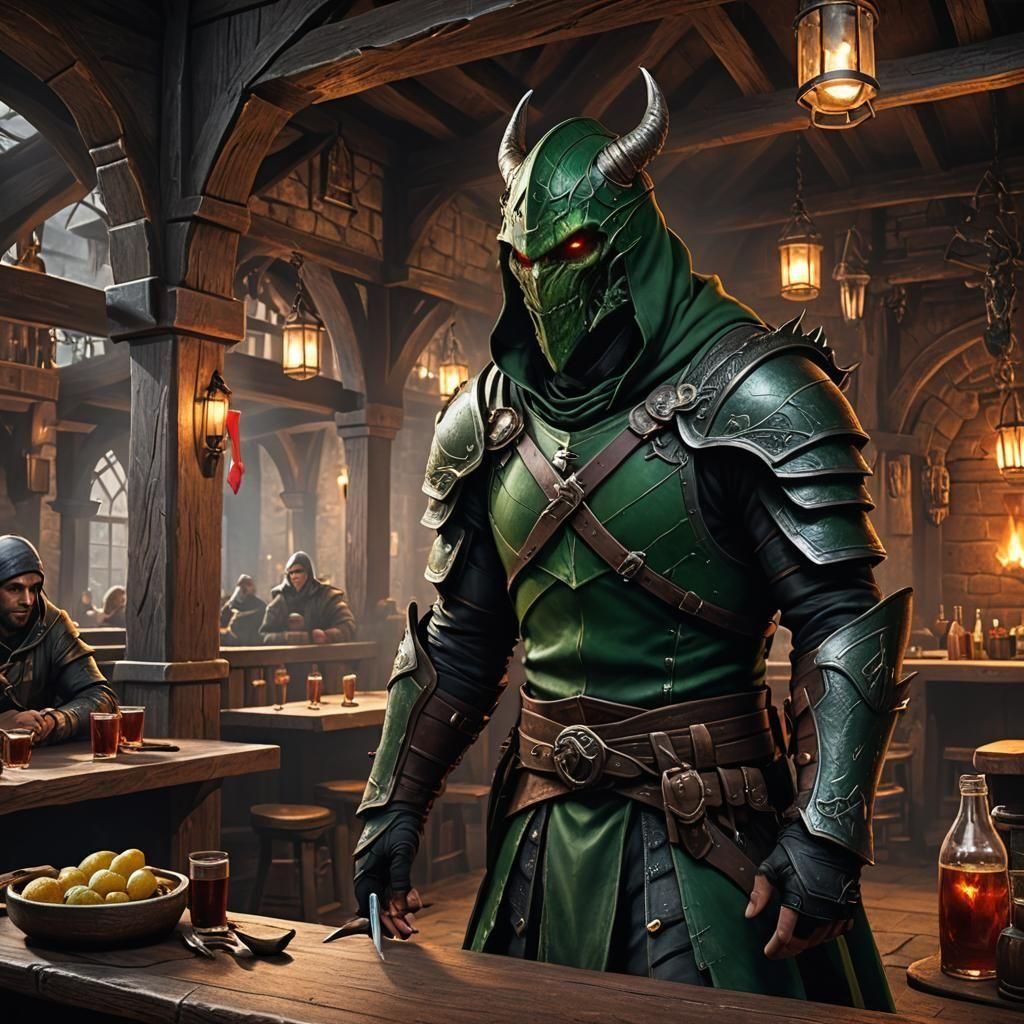 Green skinned dragonborn male assassin wearing a hood and black leather armor, red eyes, in a tavern
