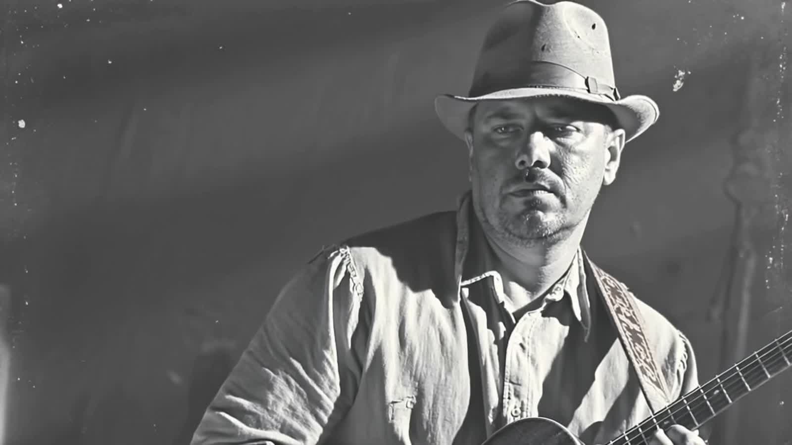 vintage black and white photo with scratches and water damage of an old blues guitar player who sold his soul to the dev...