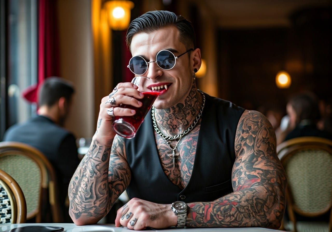 A muscular vampire wearing circular silver shades and lots of gothic tattoos drinks blood at a Paris ...  by @eperales