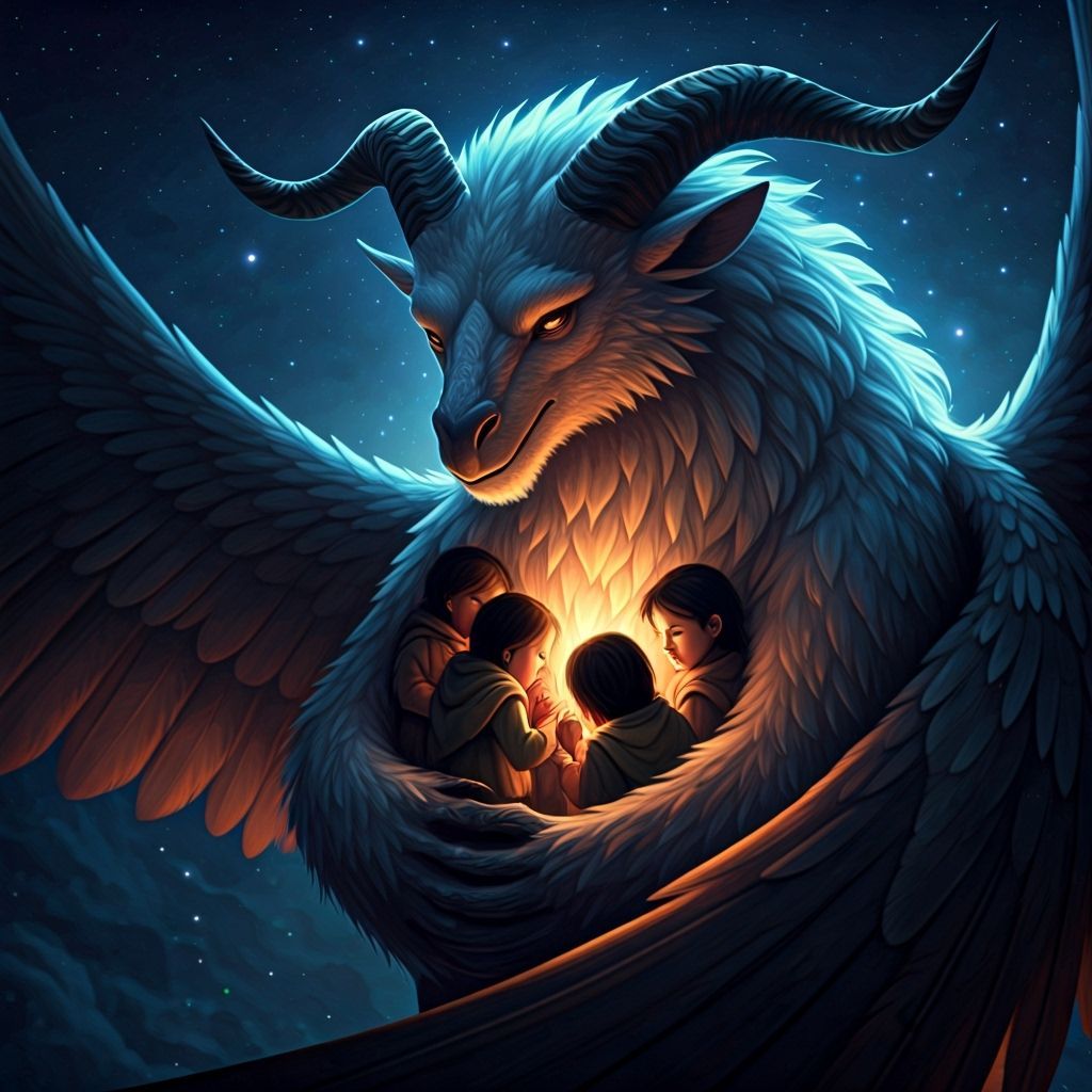 Kind Beasts. Medium shot. A horned sky beast with massive wings gently cradles orphaned children in its ...  by @Mauro Vandal