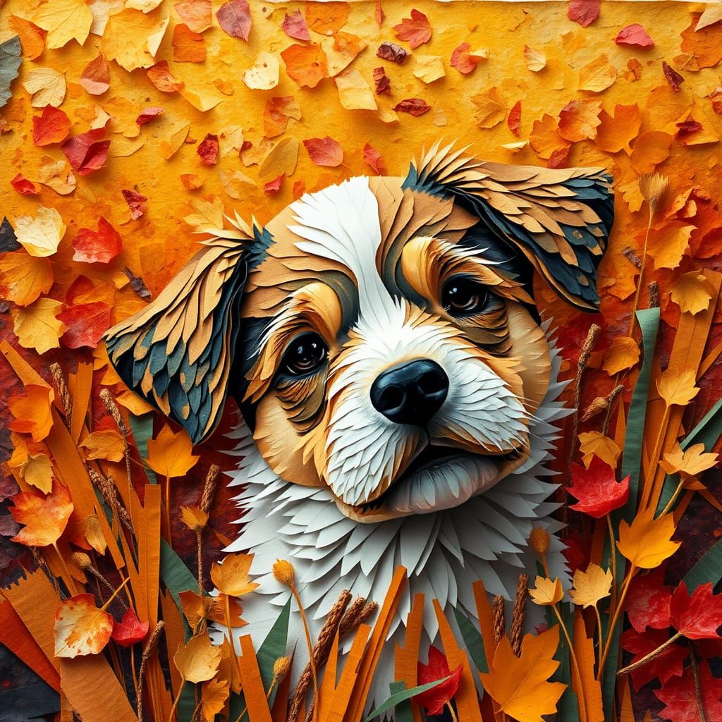 a collage of scraps of multi-colored paper creates the image of a puppy in an autumn meadow, the meadow ...  by @Barabashka