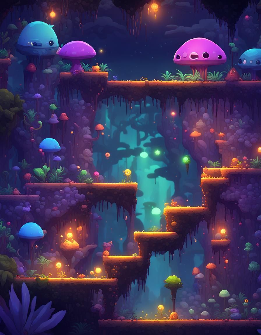 2D platformer game screenshot, crowded, packed with floating...
