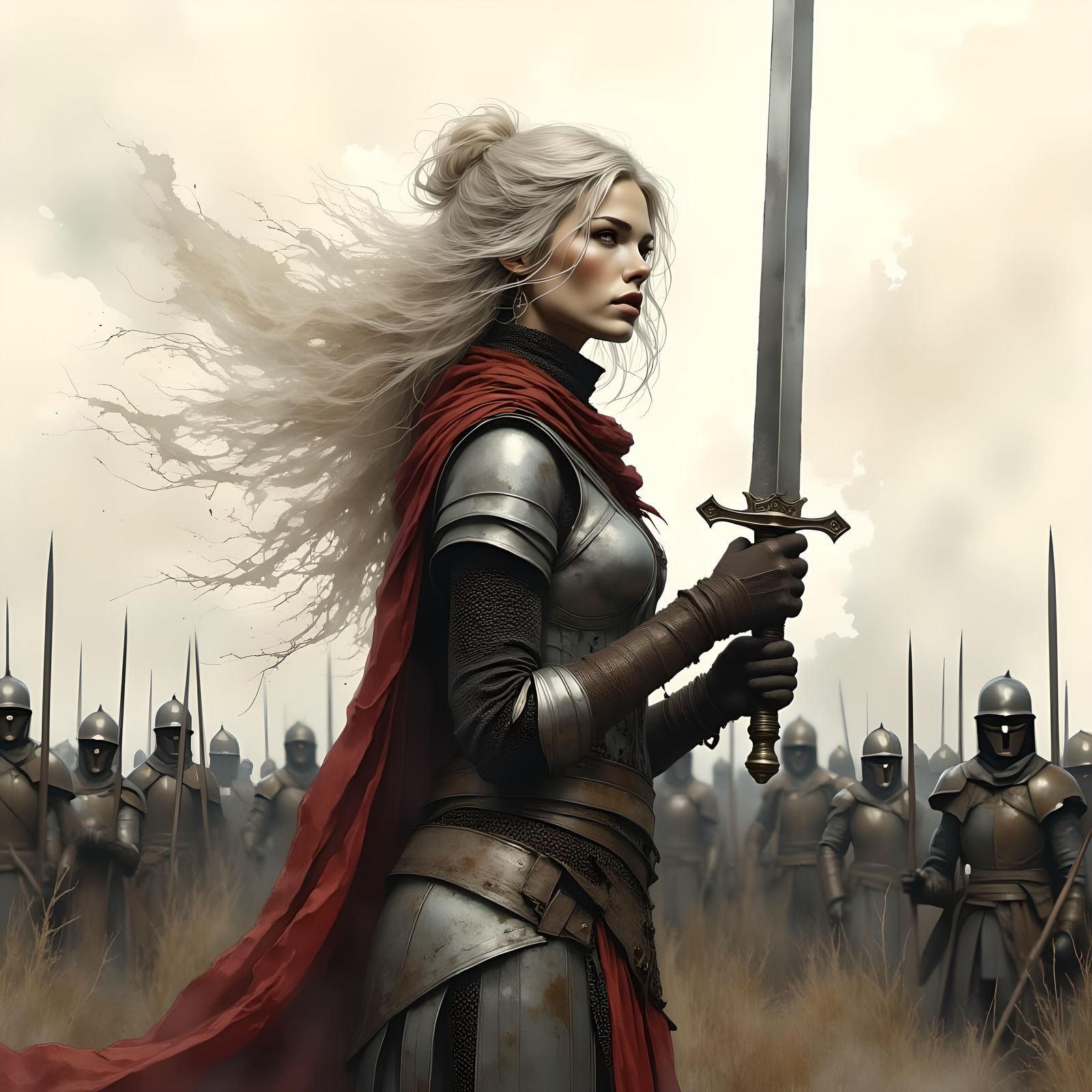 beautiful German muscular woman in chain mail holding her sword high swearing an oath :: gloomy grey brown and pale cream palette :: atmosph...