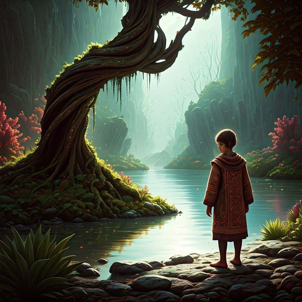 Ethereal Child Standing on Lake's Edge in Dreamlike Landscap...