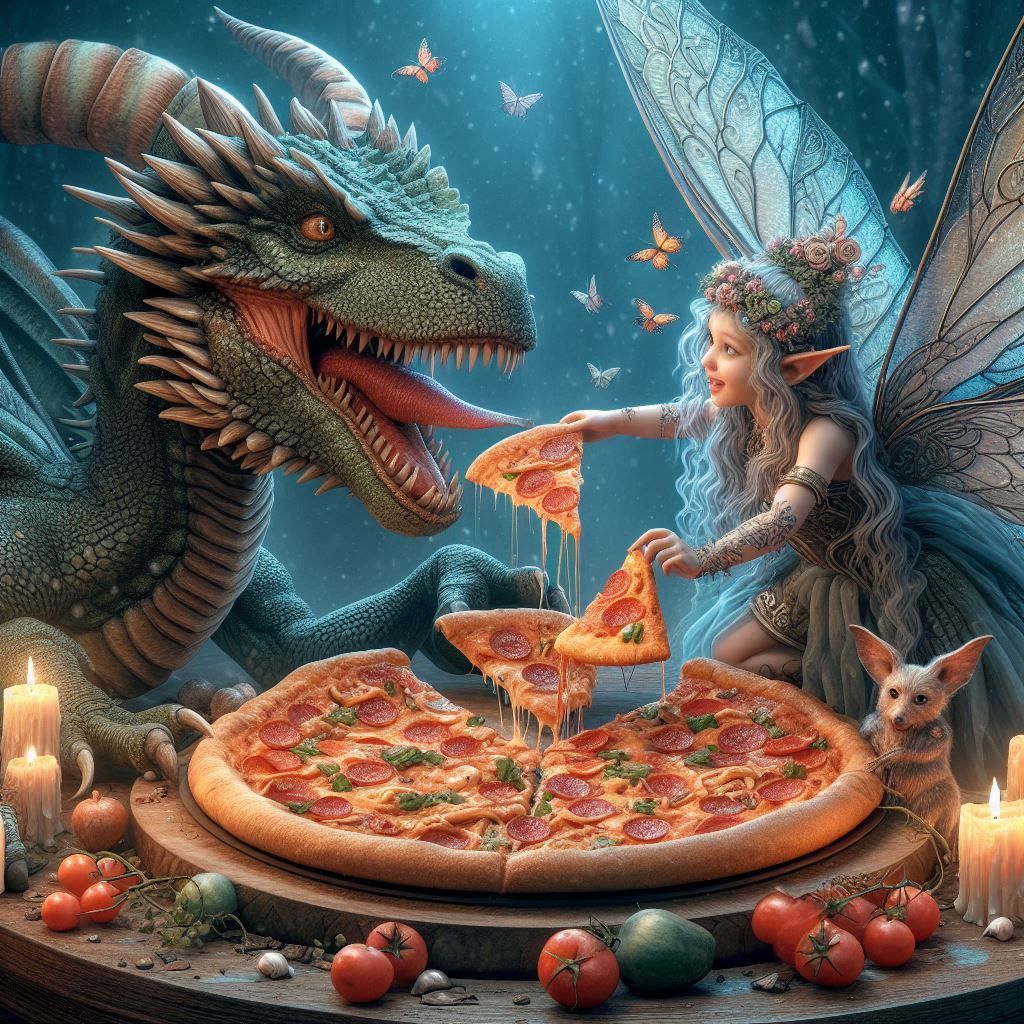 eating delicious pizza.