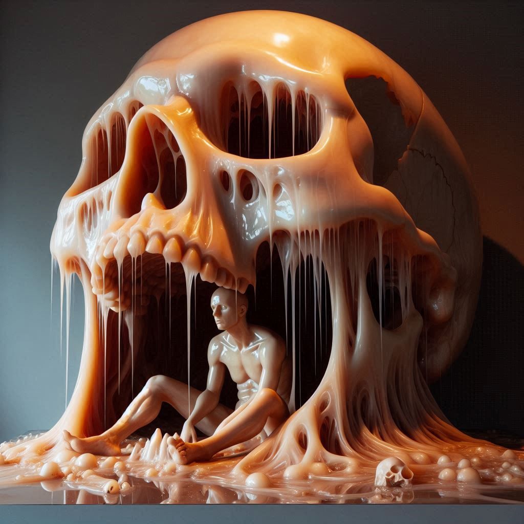Humanoid Sitting inside broken jelly melting skull