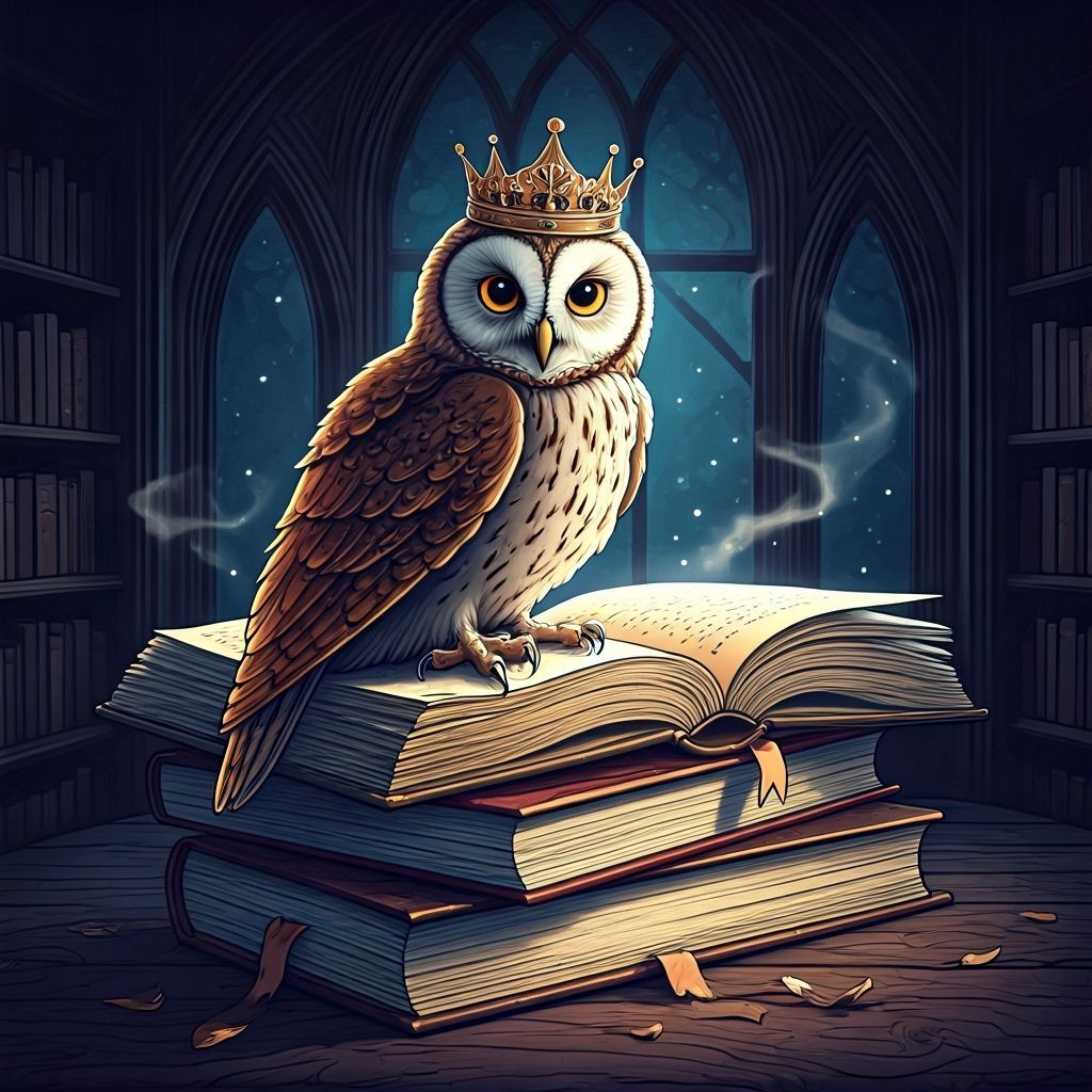 Enchanting Owl with Crown on Glowing Books