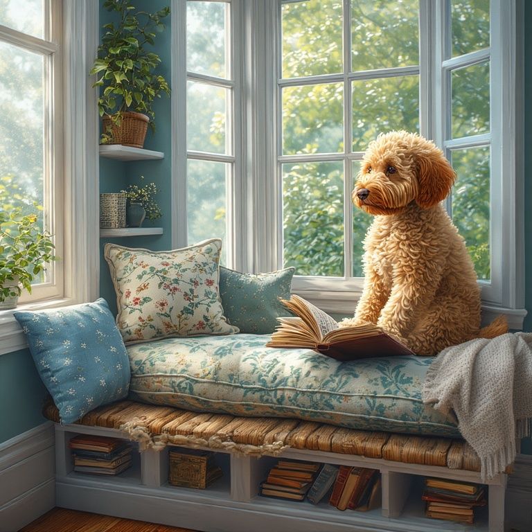 Goldendoodle with a Book on a Window Seat