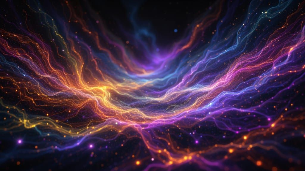 The essence of magic, an abstract weave of glowing, multi-colored threads of energy forming intricate, pulsating patterns in the dark. <lora...