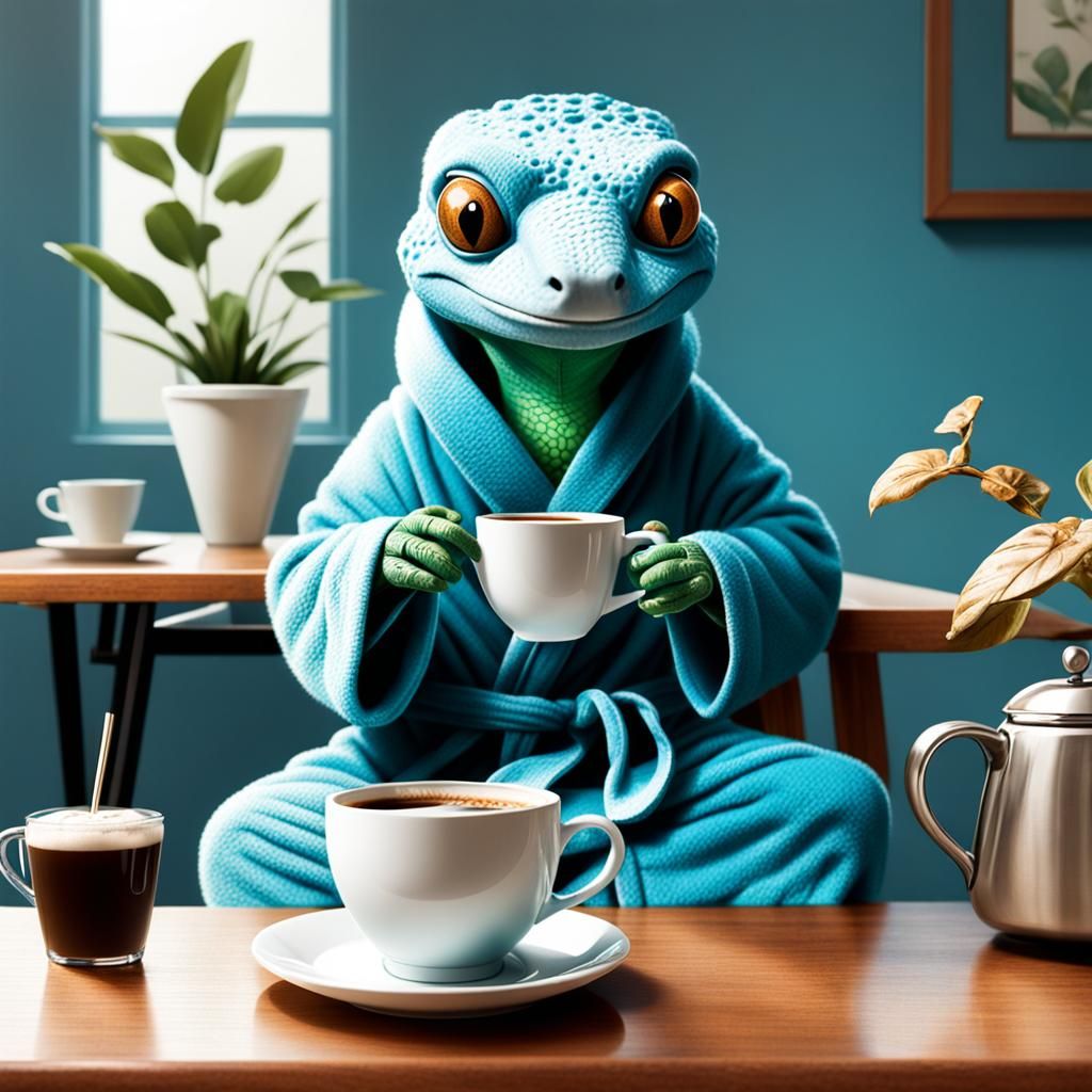  Anthropomorphic gecko in pajamas and bathrobe sitting at a table drinking coffee.  by @GRAZYNA-BARBARA