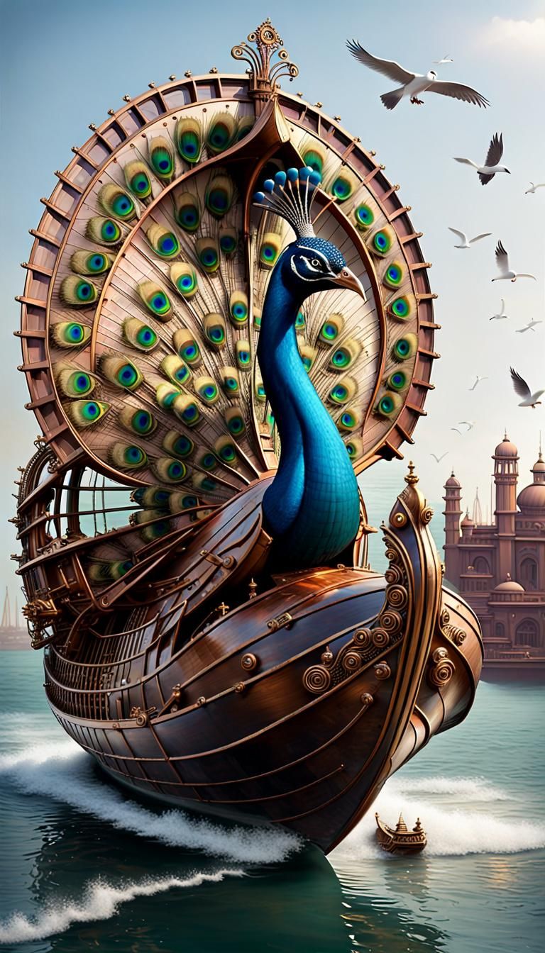 an Indian Mayurpankhi, a traditional peacock-shaped boat, blend steampunk artistry ...  by @T Rudranush