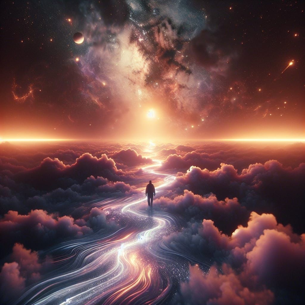 A man walking on a glowing, iridescent pathway that stretches to the edge of the universe.  by @Medi
