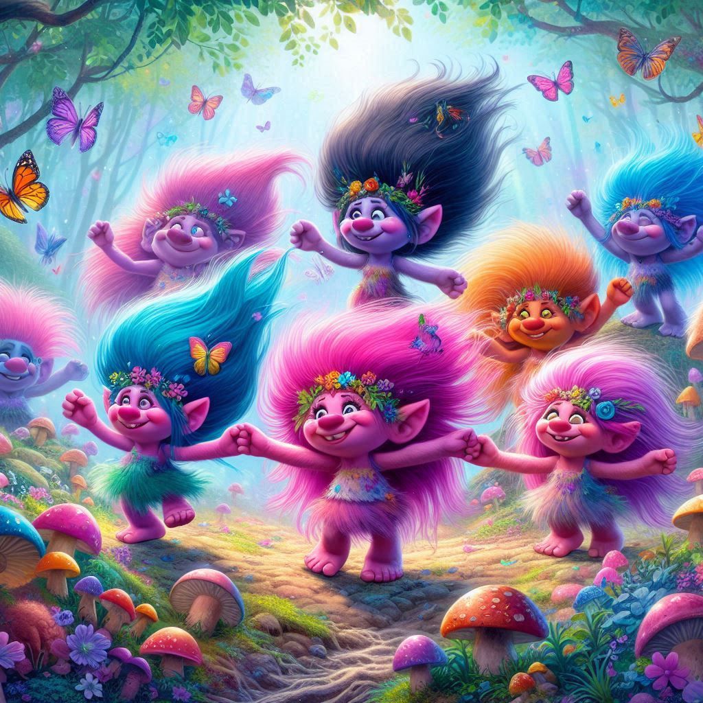 Colourful trolls dancing