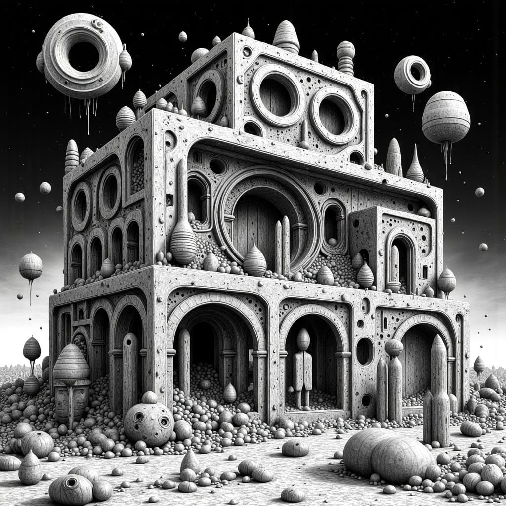 <lora:Abstract Reality:1.0> Black and white surreal abstract psychedelic lowbrow house with spacemen :: by Gediminas Pranckevicius by Yerka