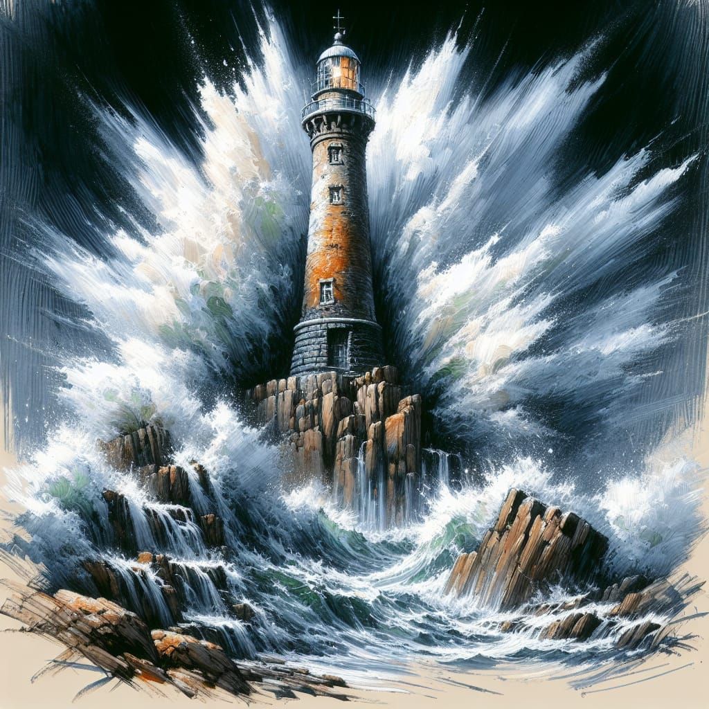  gouache detailed painting a lighthouse with waves crashing into rocks  by @DecloDee